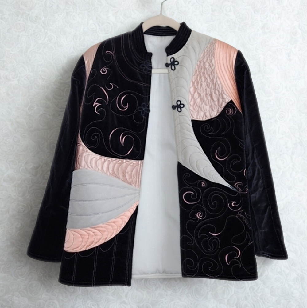 Vintage Art-to-Wear Quilted Black Velvet & Pink Applique Jacket w/ Frog Closures